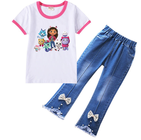 Gabby and Friends Girls’ T-Shirt and Jeans Set with Bow Detail