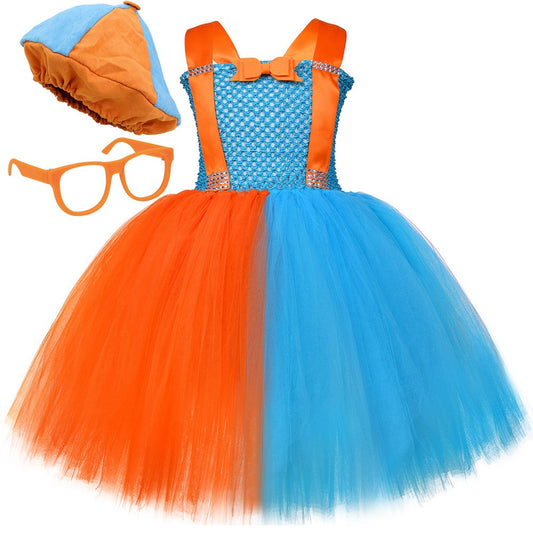 Blippi-Inspired Orange and Blue Tutu Dress with Hat and Glasses Cosplay
