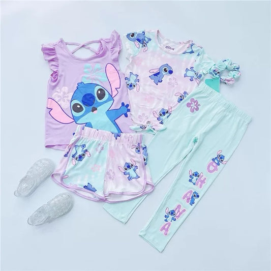5-Piece Stitch Girls Outfit Set – Tops, Shorts, Leggings & Scrunchie