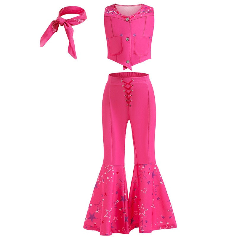 3 Piece Barbie Cowboy Outfit with Sleeveless Top Flared Pants and Headband