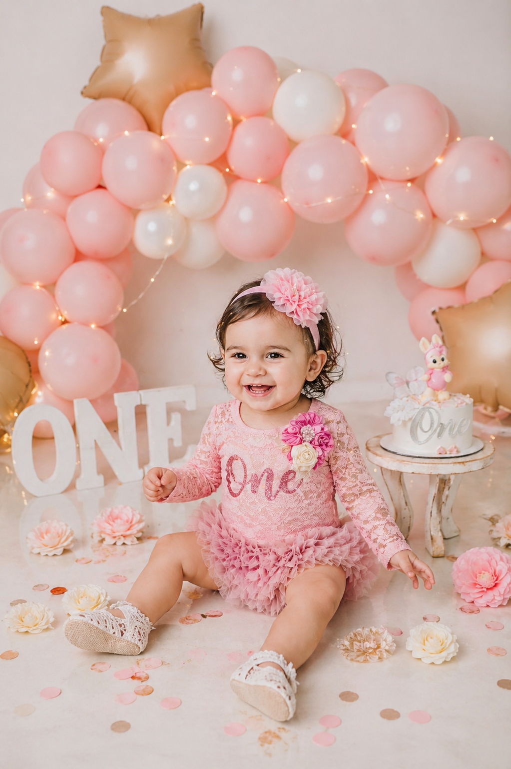 Pink Lace First Birthday Romper with Lace Bloomer #1000520