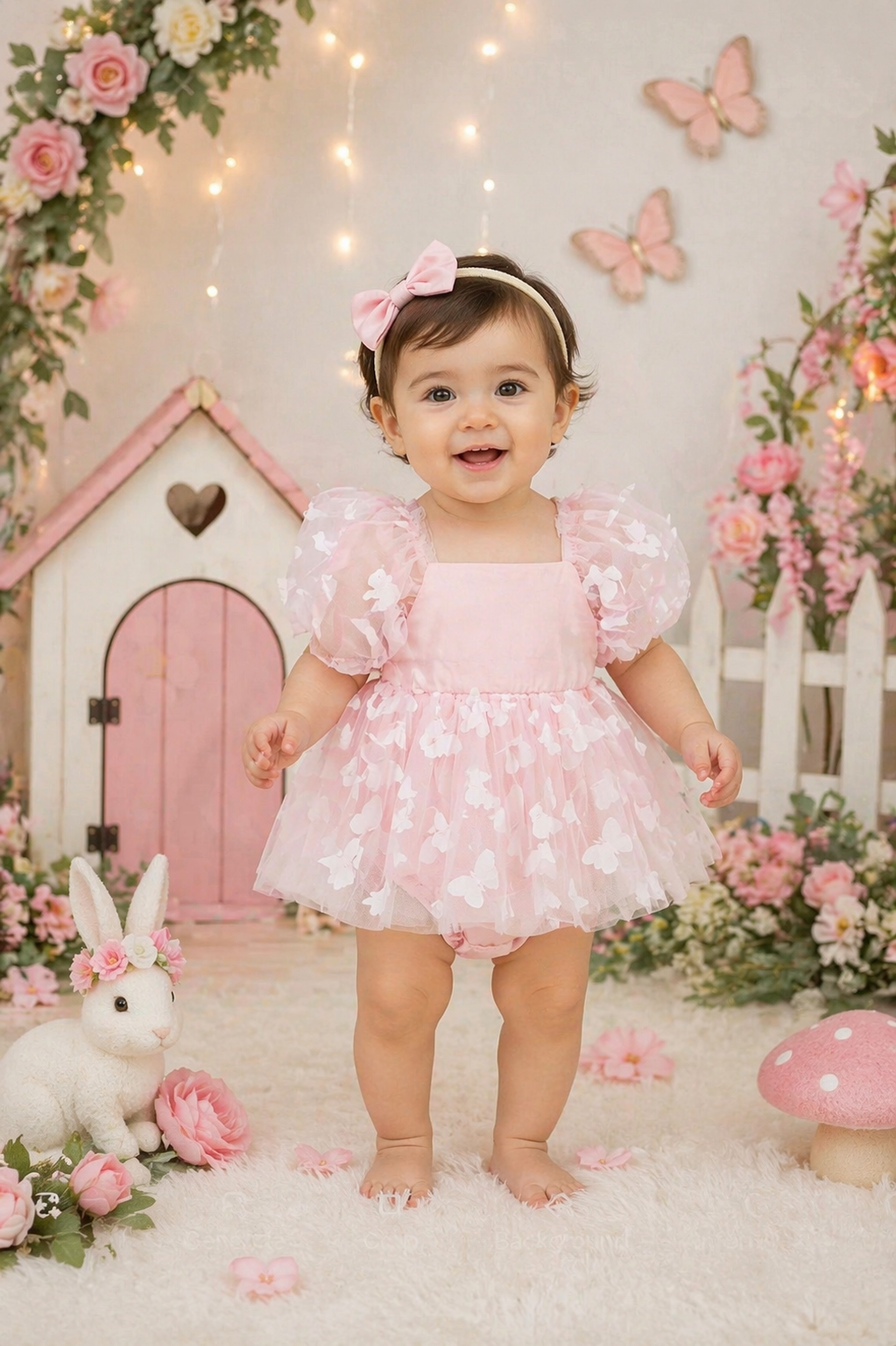 Pink Butterfly Puffy Sleeve Romper Dress #1001160