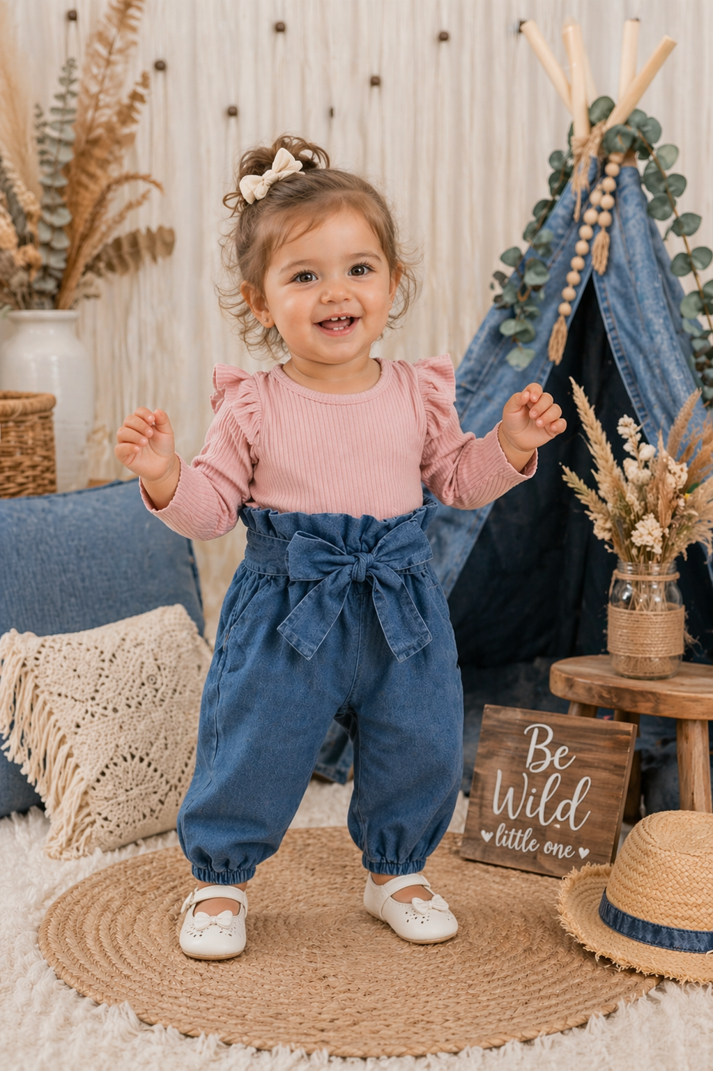 Ribbed Pink Long Sleeve Romper and Bowknot Denims #10006