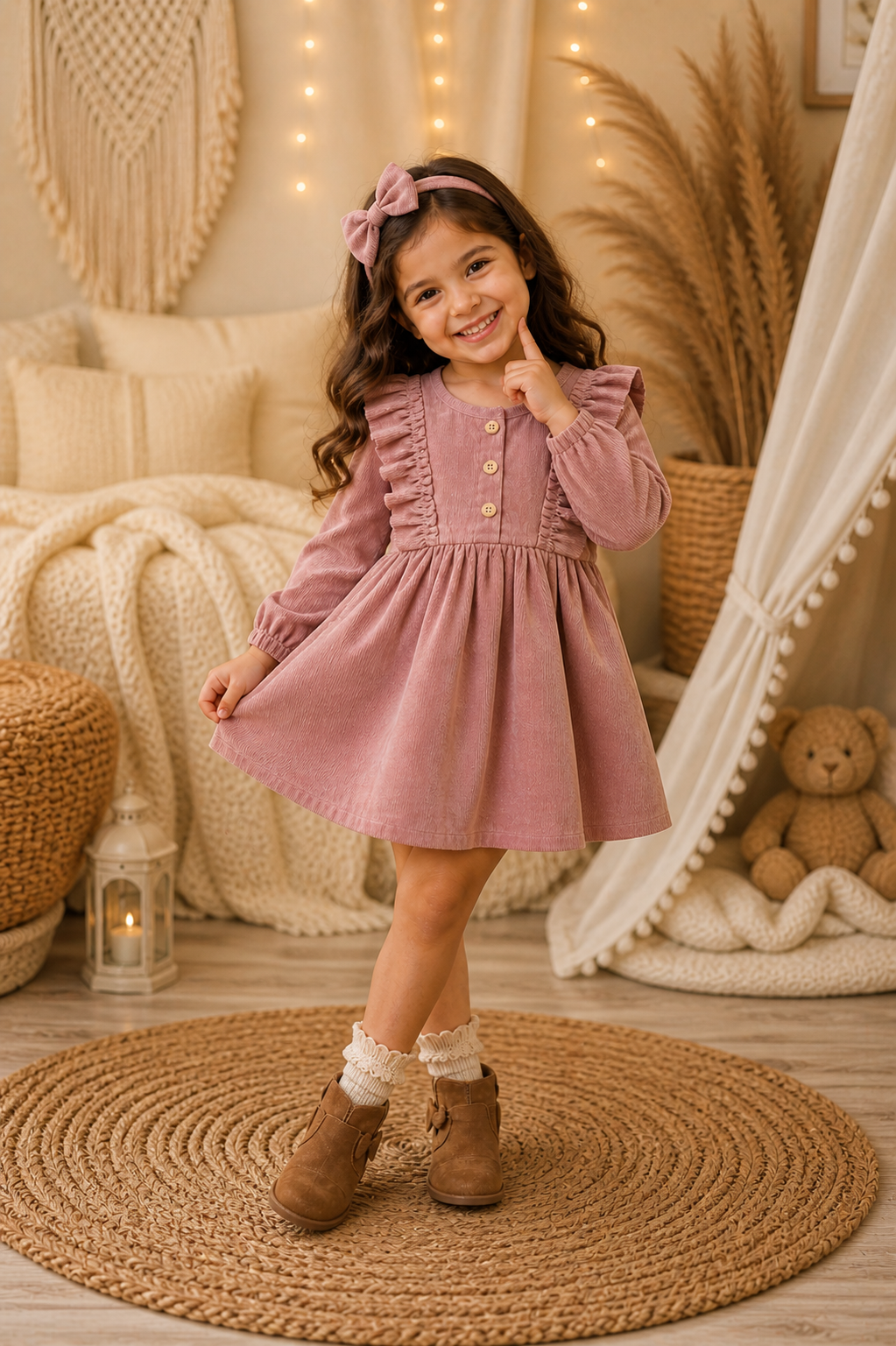 Pink Corduroy Dress and Hairclip #1001142