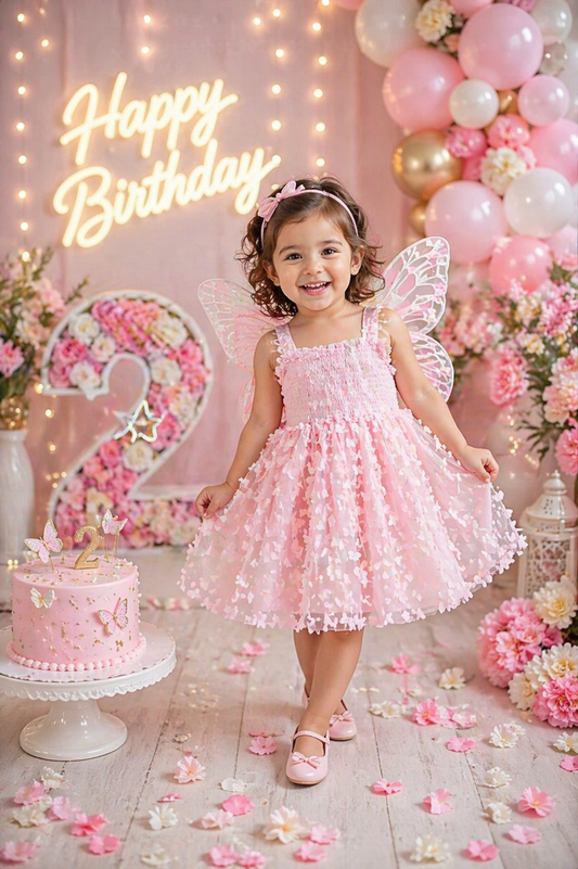 Pink Lace Butterfly Dress #1001153