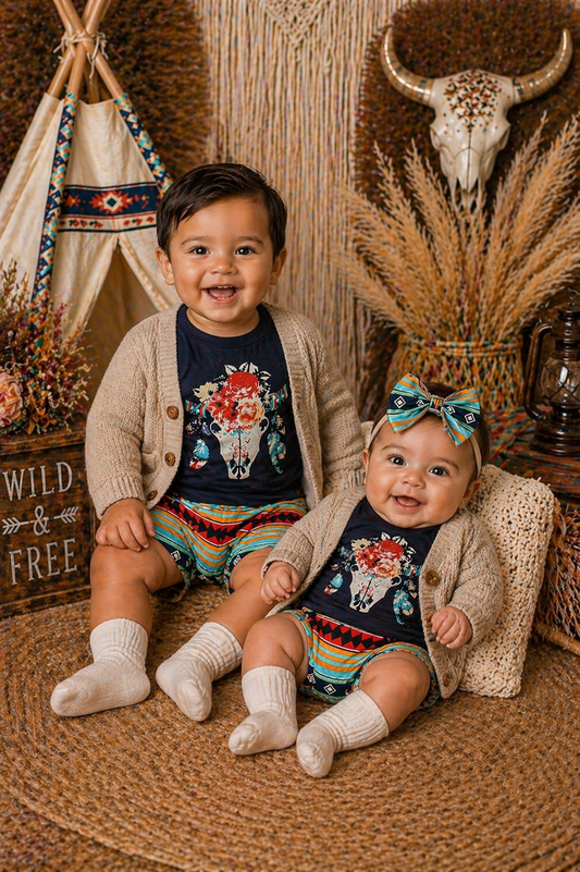 #1001180 Bucramium, Navy Boho Cow Skull T-shirt Bloomer and Headband