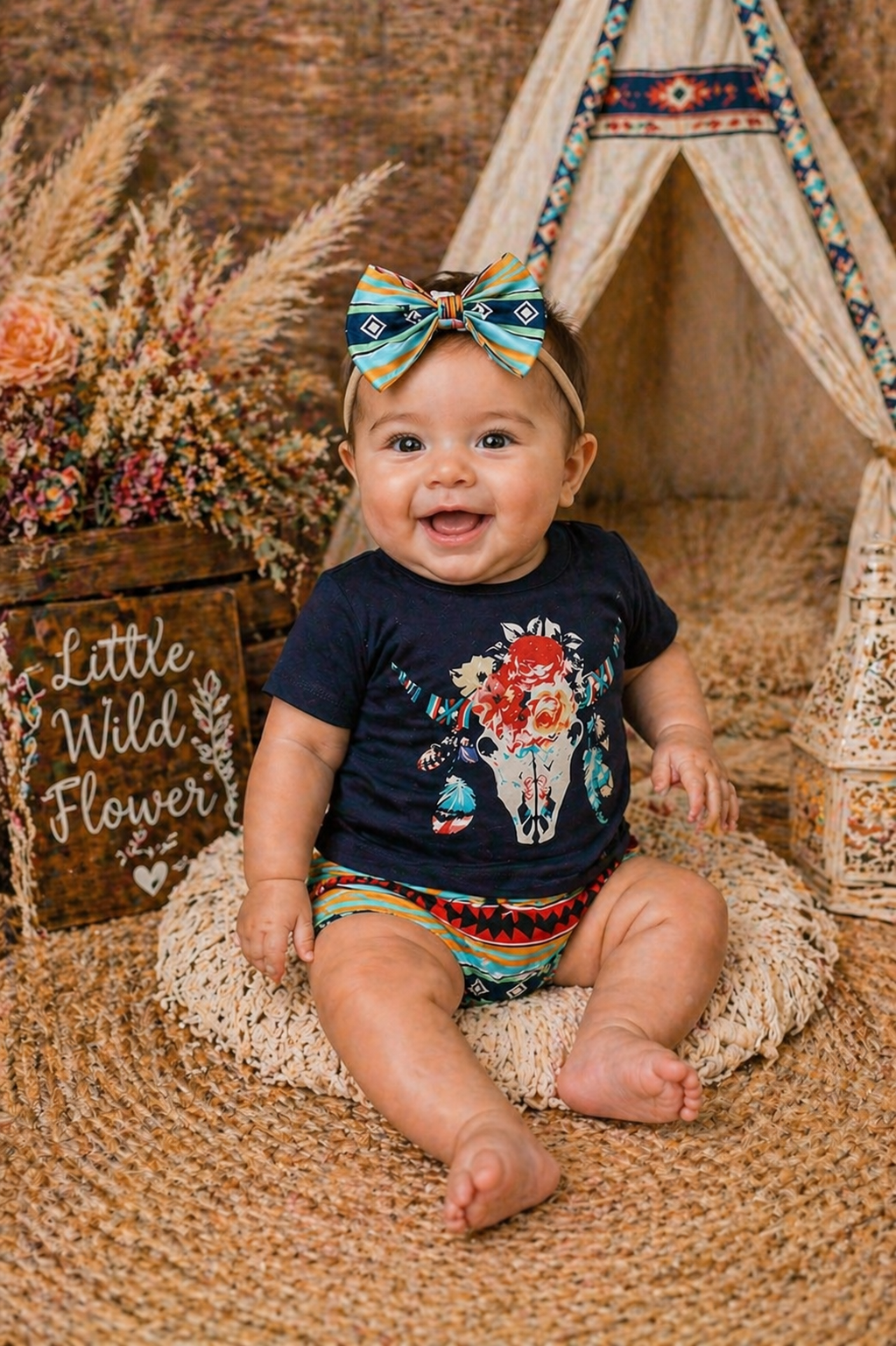 #1001180 Bucramium, Navy Boho Cow Skull T-shirt Bloomer and Headband