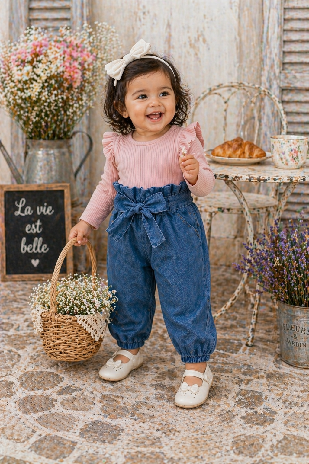 Ribbed Pink Long Sleeve Romper and Bowknot Denims #10006