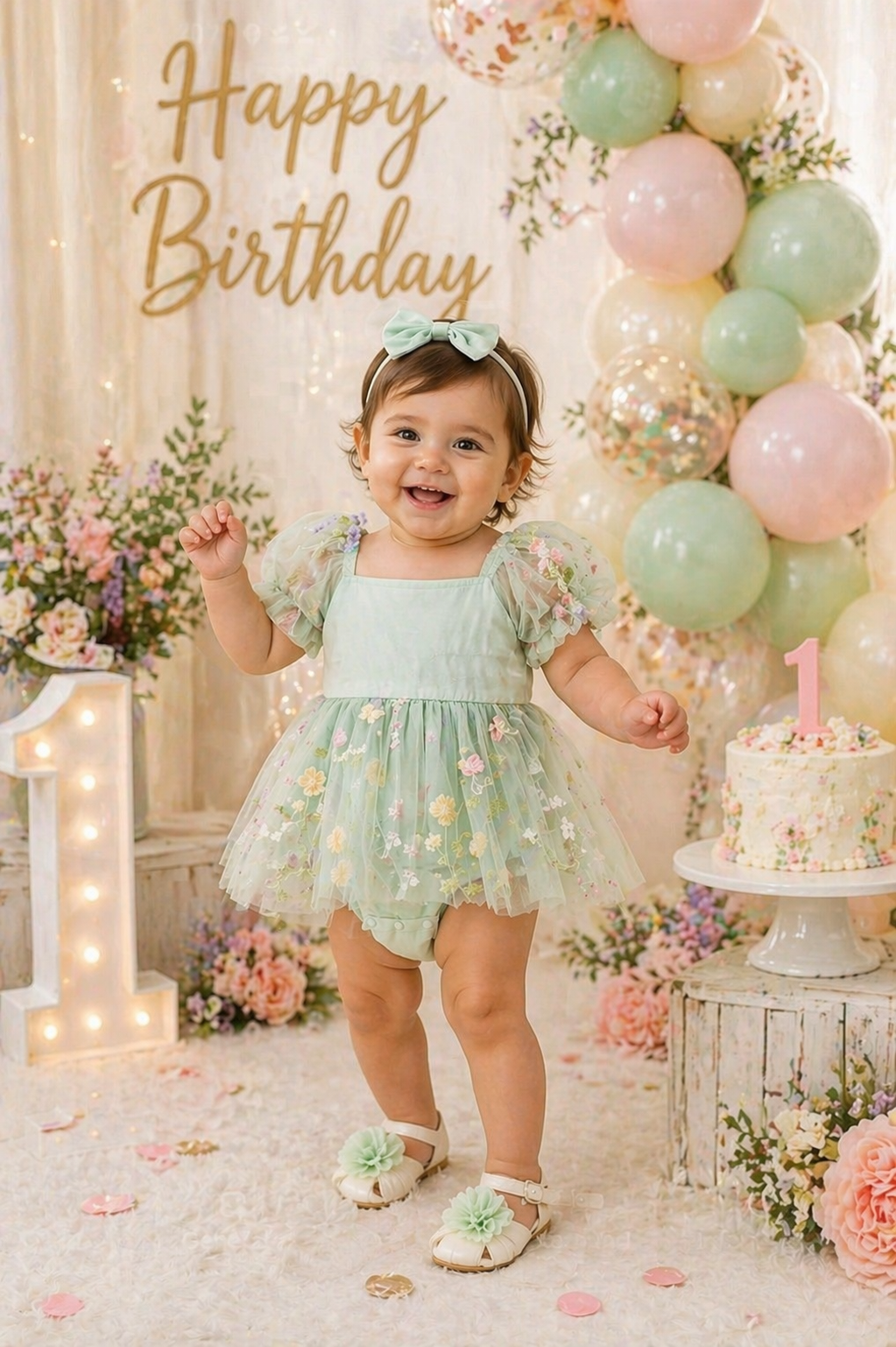 Mint Romper with Embroidered Tulle Tutu, Puff Sholders and Headband #1001176