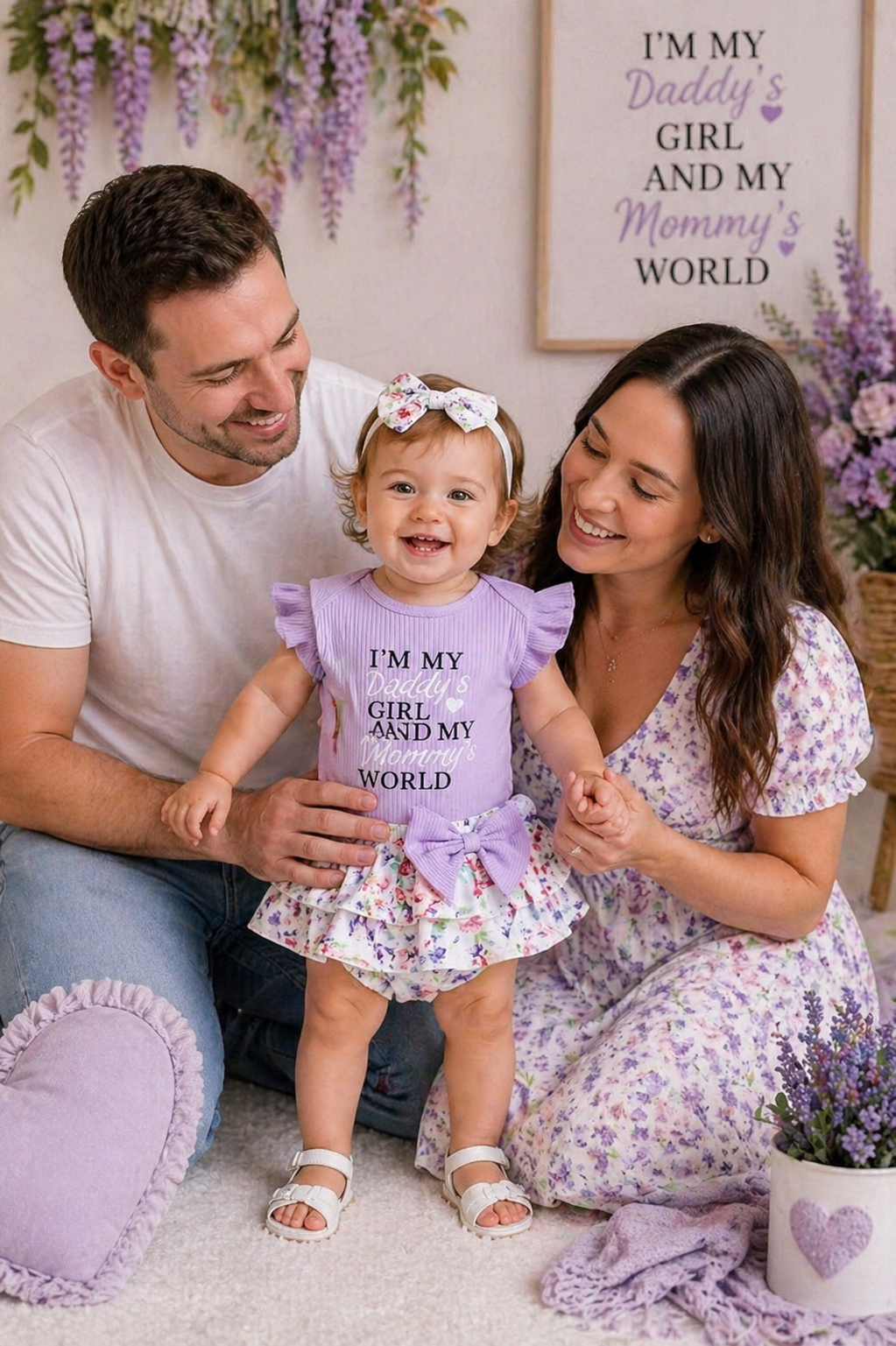 Daddy's Girl Mommy's World Purple Ruffle Romper with Floral Bloomer and Headband #1000860