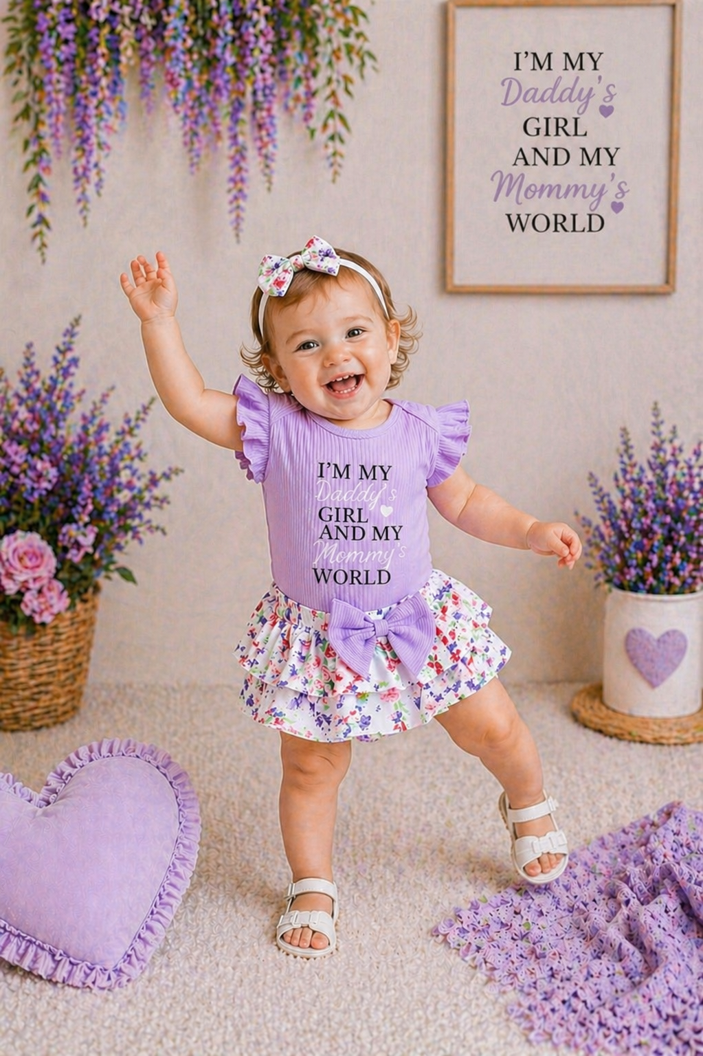 Daddy's Girl Mommy's World Purple Ruffle Romper with Floral Bloomer and Headband #1000860