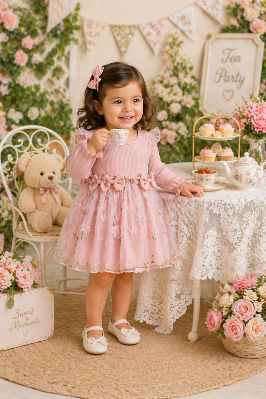 Ribbed Long Sleeve Dusty Pink Dress with Floral Detail #1001118