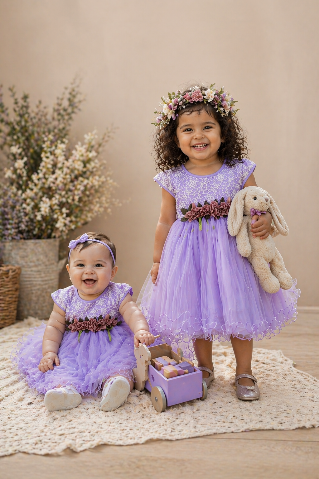 Purple Ruffle Dress with Floral Detail #1001068