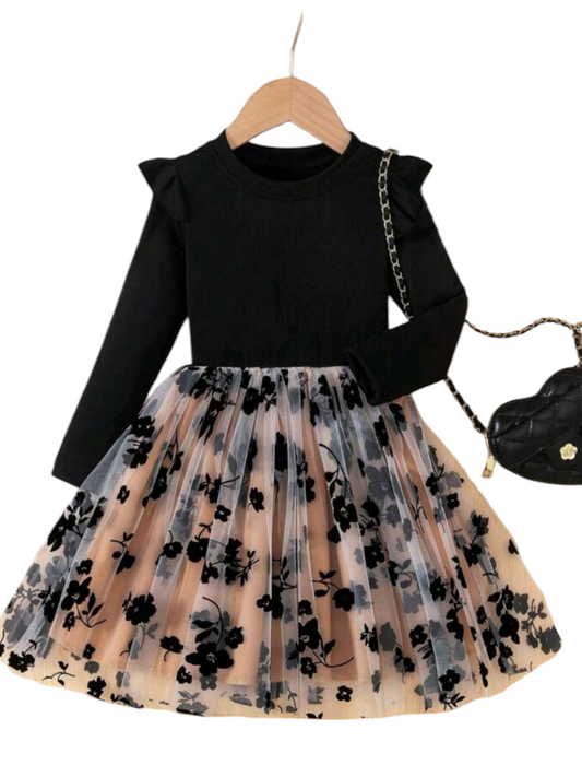 Black and Champagne Floral Long Sleeve Dress