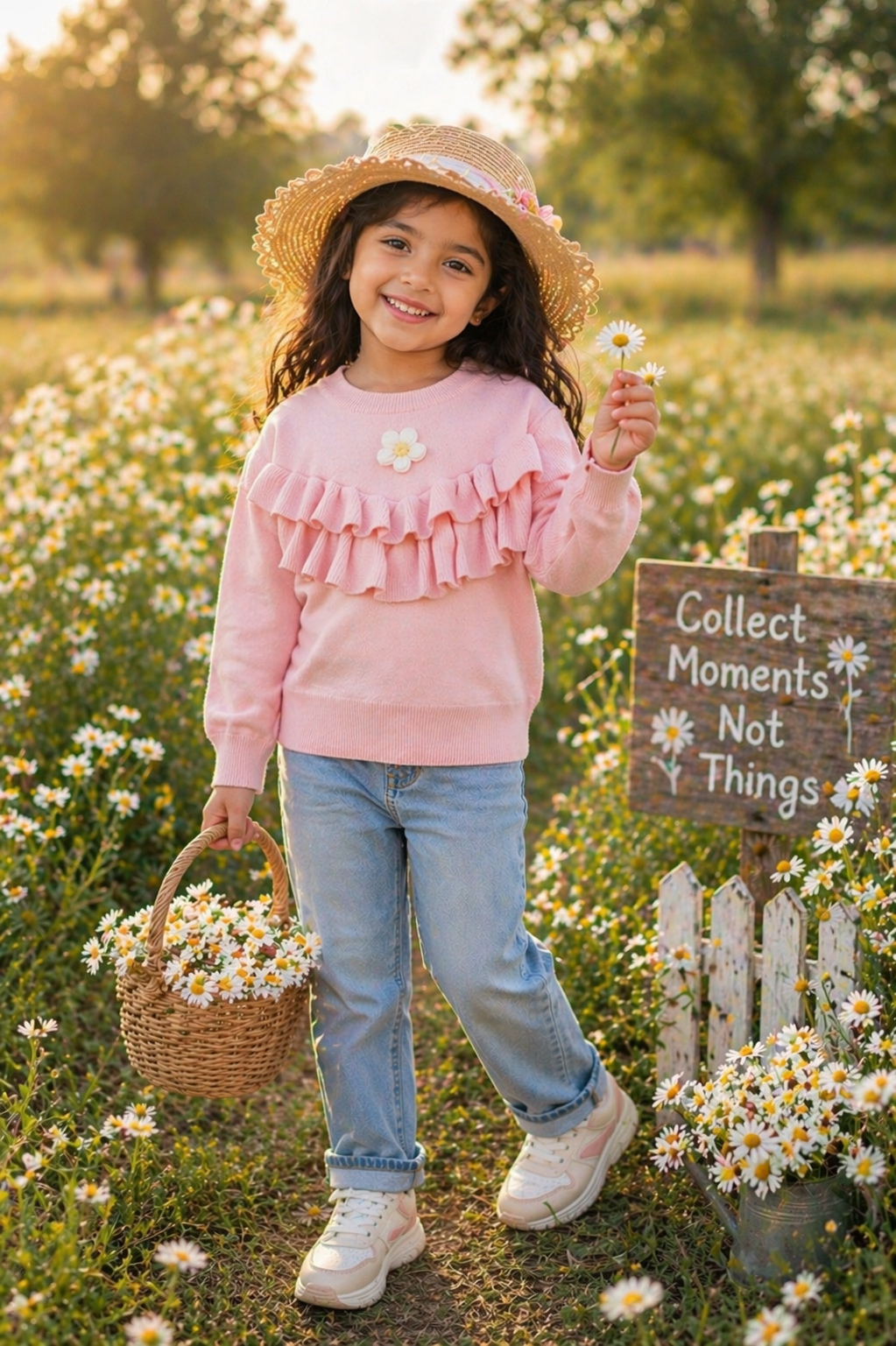 Pink Ruffle Trim Sweater with Floral Detail #1000230
