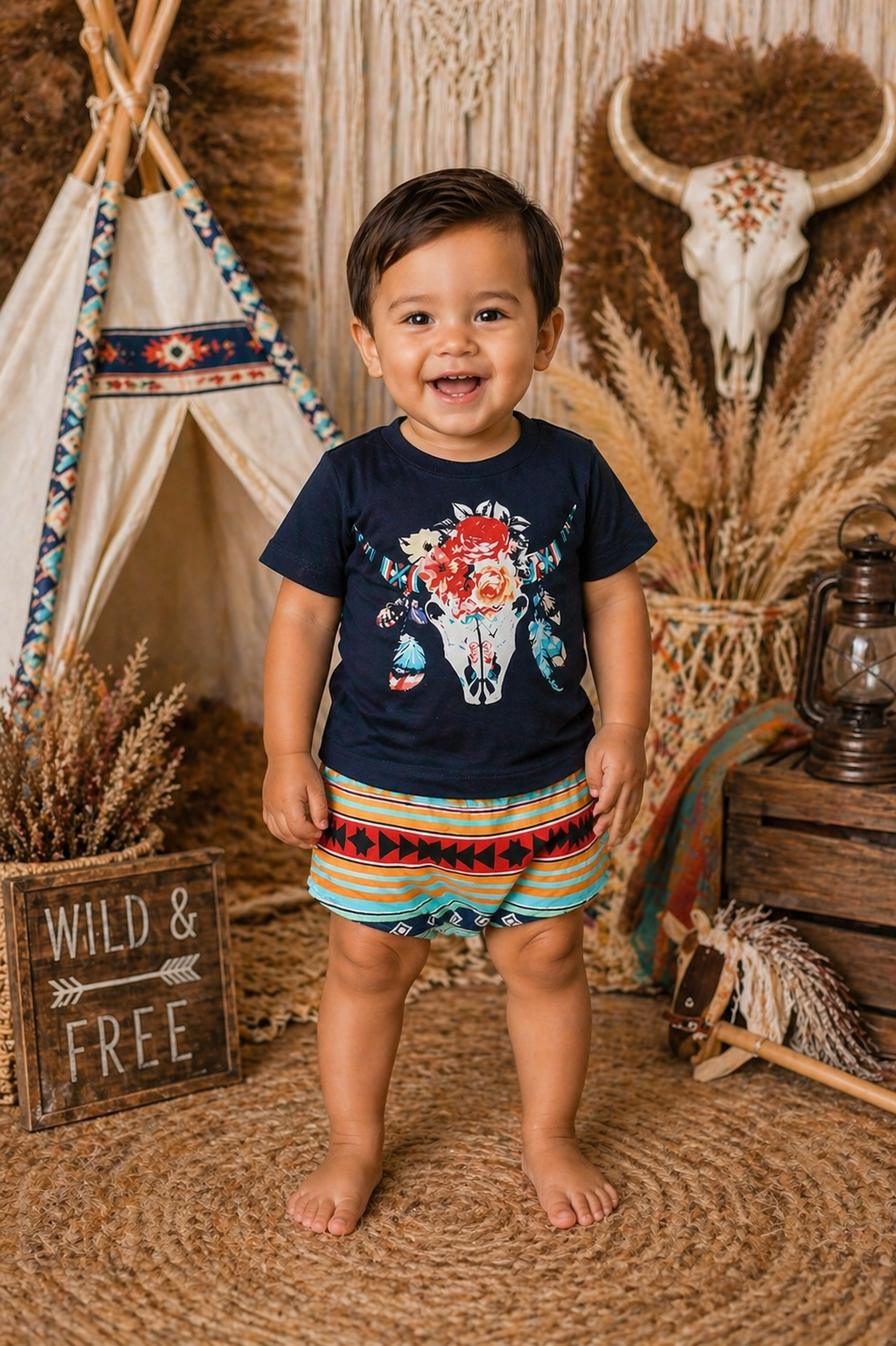 #1001180 Bucramium, Navy Boho Cow Skull T-shirt Bloomer and Headband