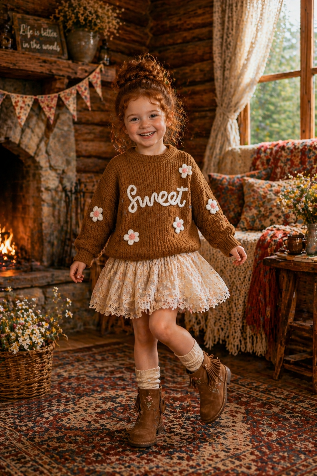 Sweet Toffee Knitted Sweater with Floral Detail #1000241