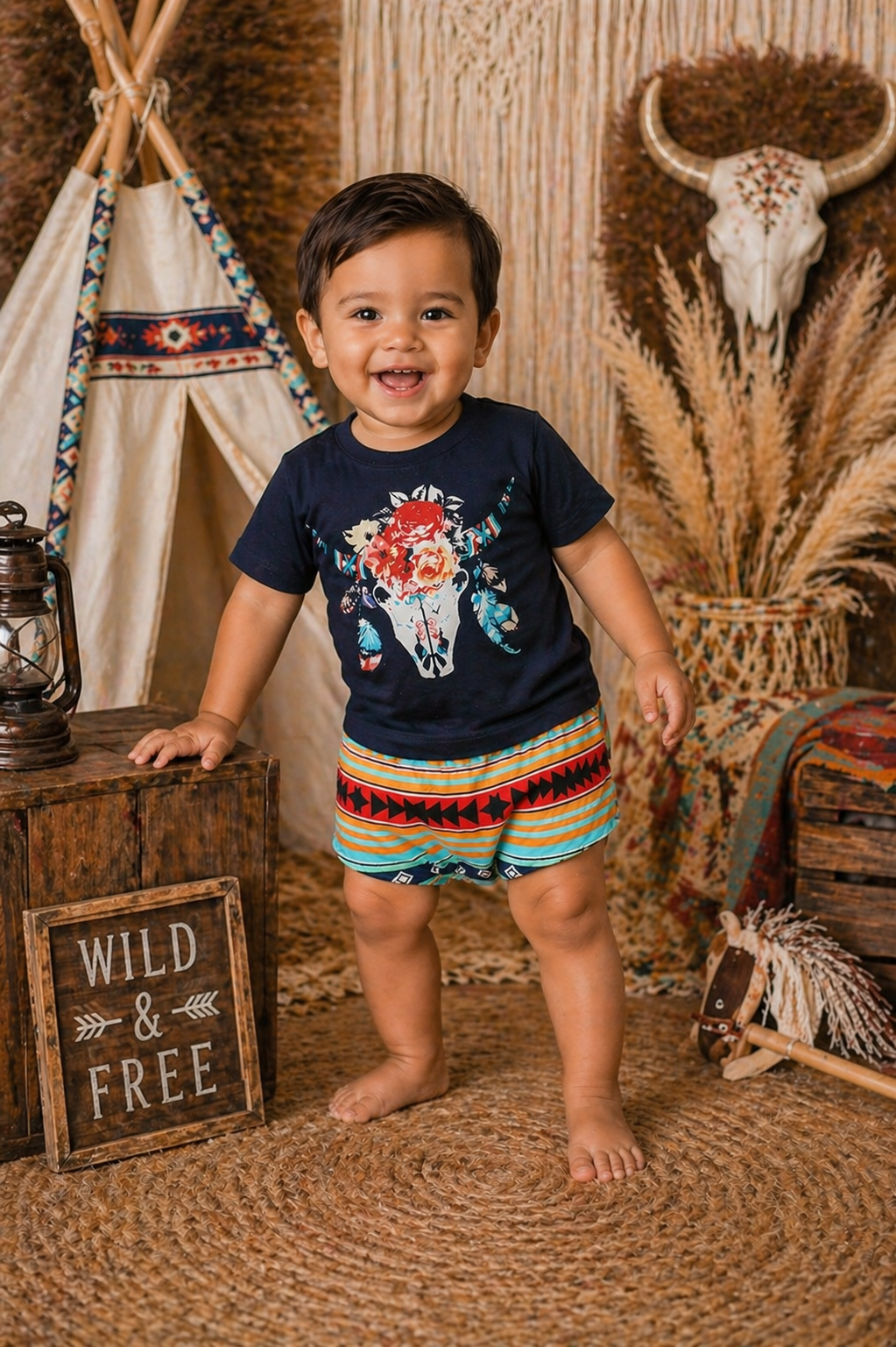 #1001180 Bucramium, Navy Boho Cow Skull T-shirt Bloomer and Headband