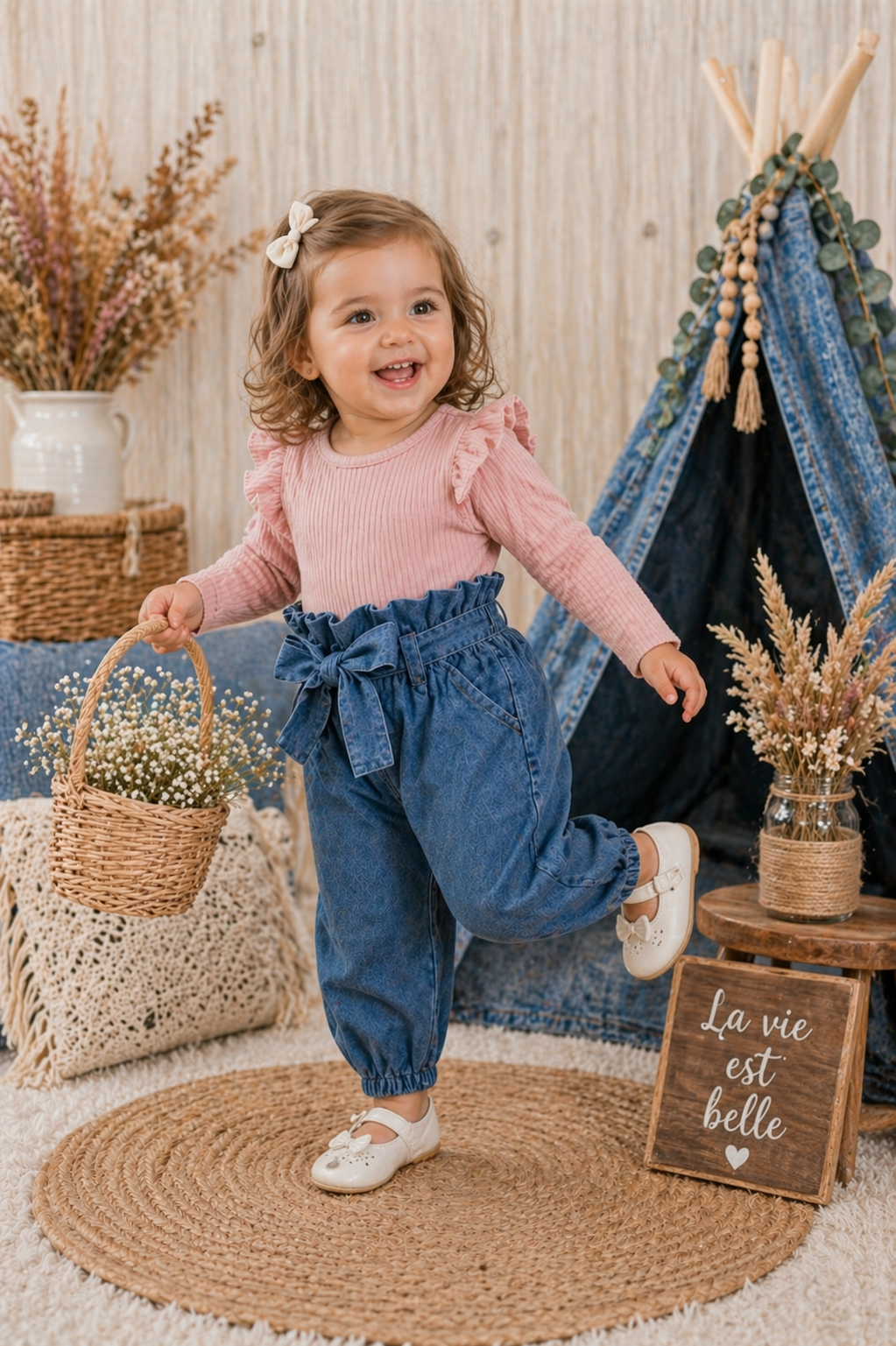 Ribbed Pink Long Sleeve Romper and Bowknot Denims #10006