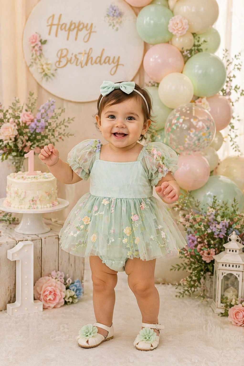 Mint Romper with Embroidered Tulle Tutu, Puff Sholders and Headband #1001176