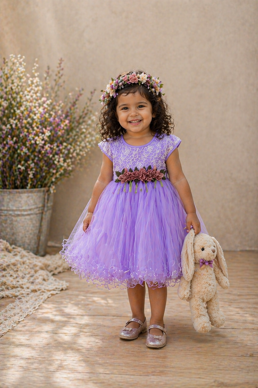 Purple Ruffle Dress with Floral Detail #1001068