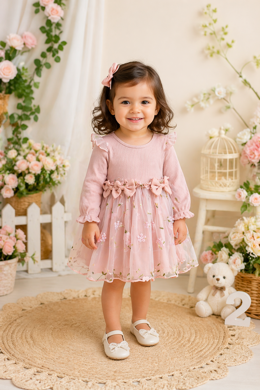 Ribbed Long Sleeve Dusty Pink Dress with Floral Detail #1001118