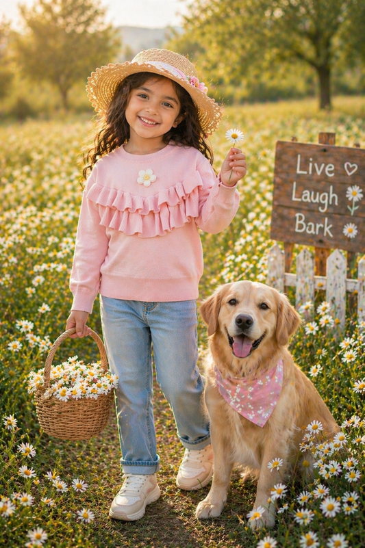 Pink Ruffle Trim Sweater with Floral Detail #1000230