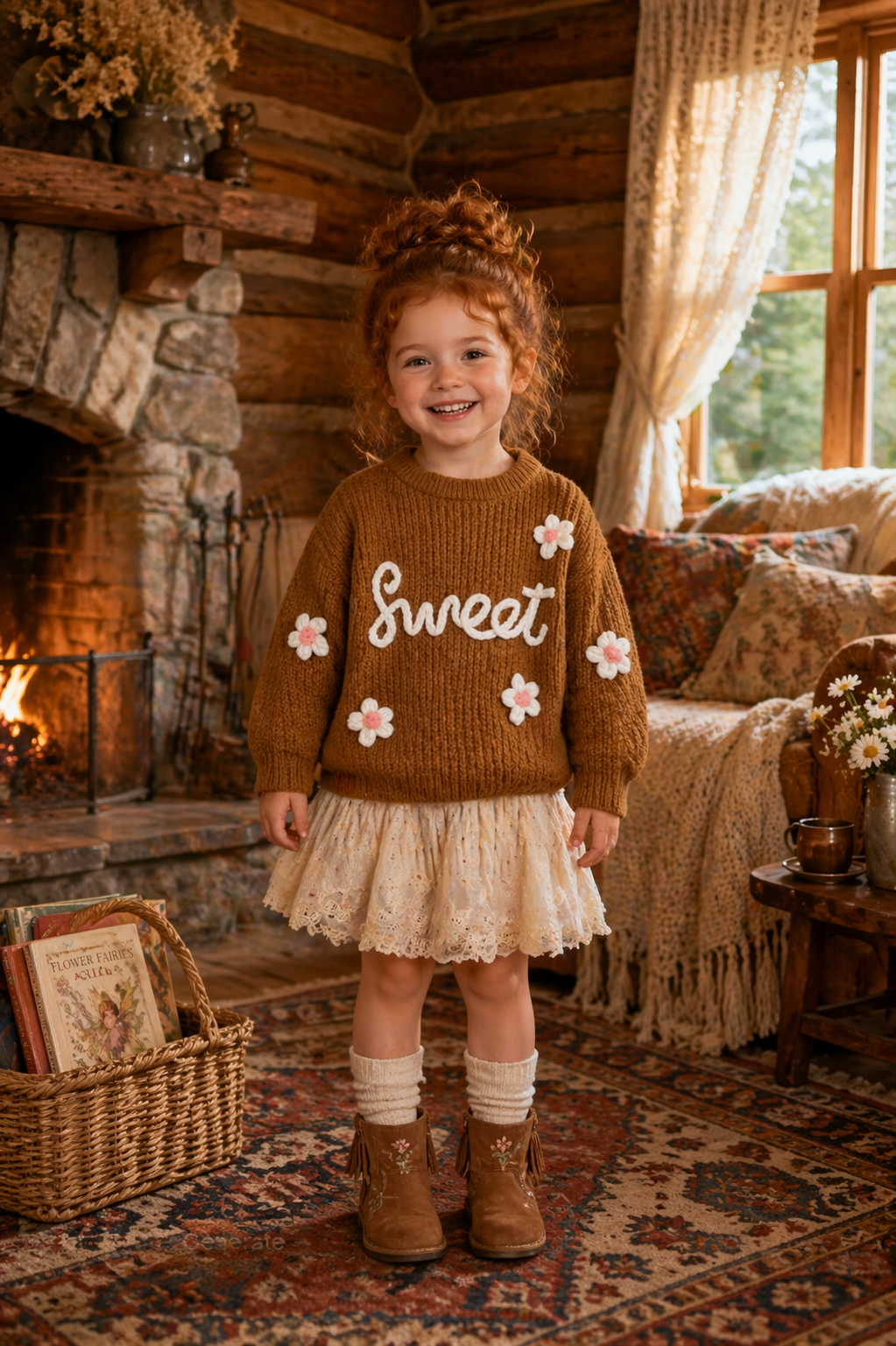 Sweet Toffee Knitted Sweater with Floral Detail #1000241