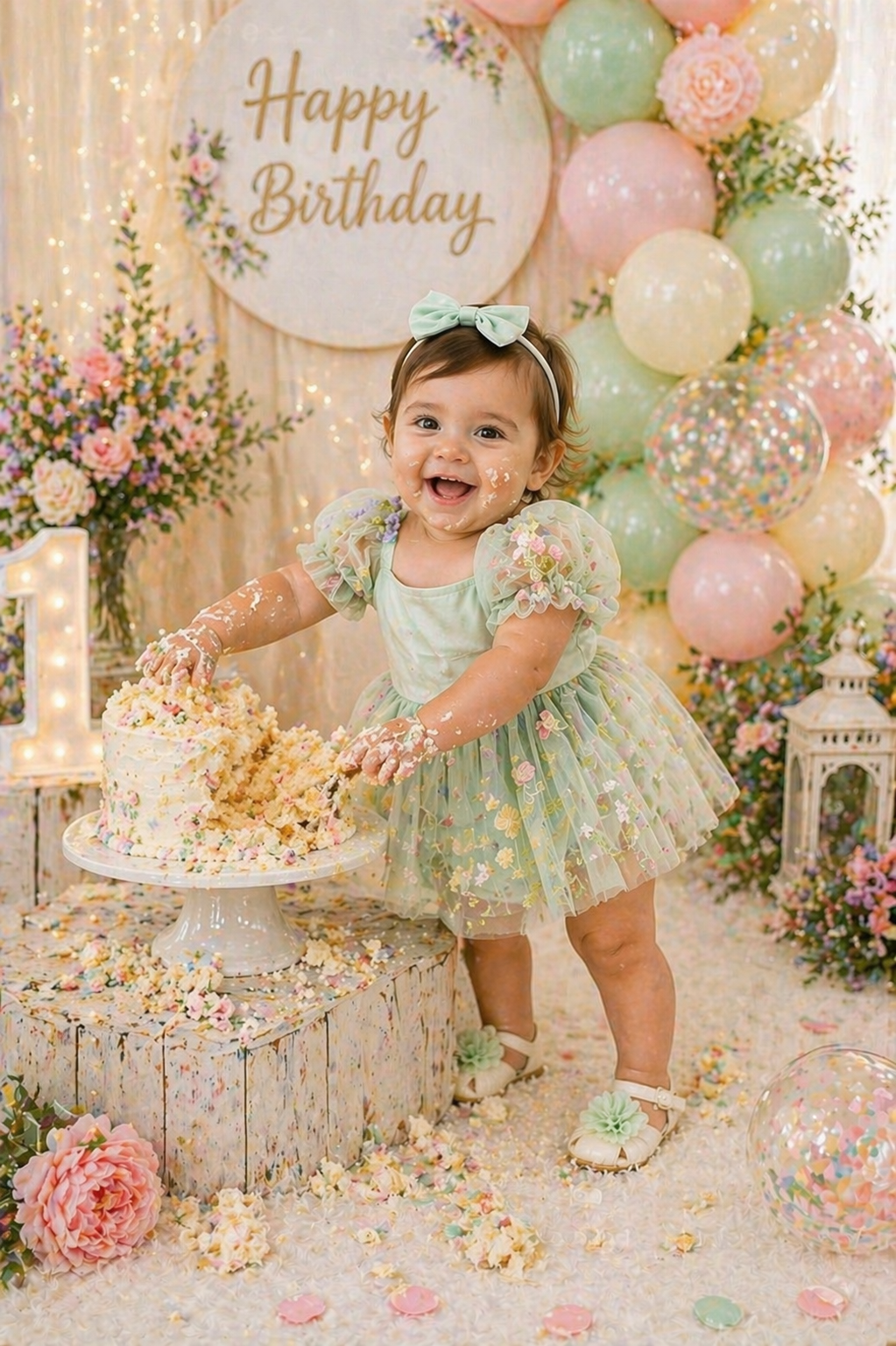 Mint Romper with Embroidered Tulle Tutu, Puff Sholders and Headband #1001176
