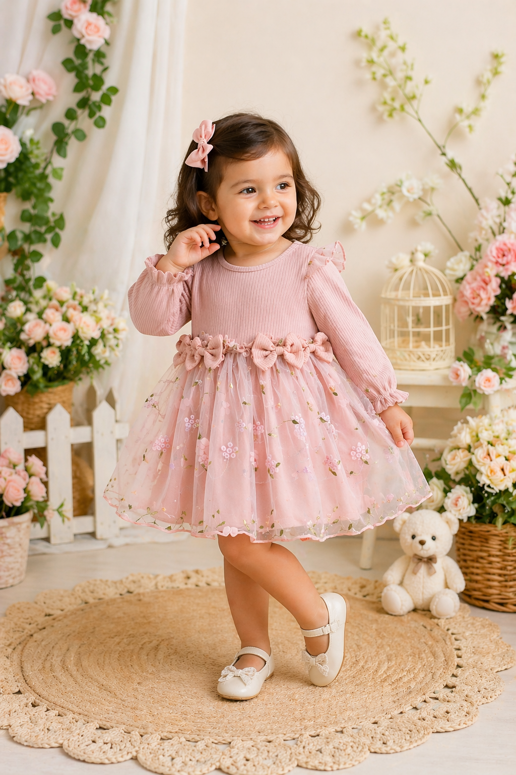 Ribbed Long Sleeve Dusty Pink Dress with Floral Detail #1001118