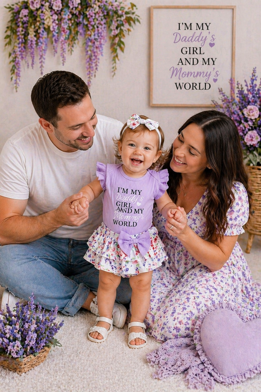 Daddy's Girl Mommy's World Purple Ruffle Romper with Floral Bloomer and Headband #1000860