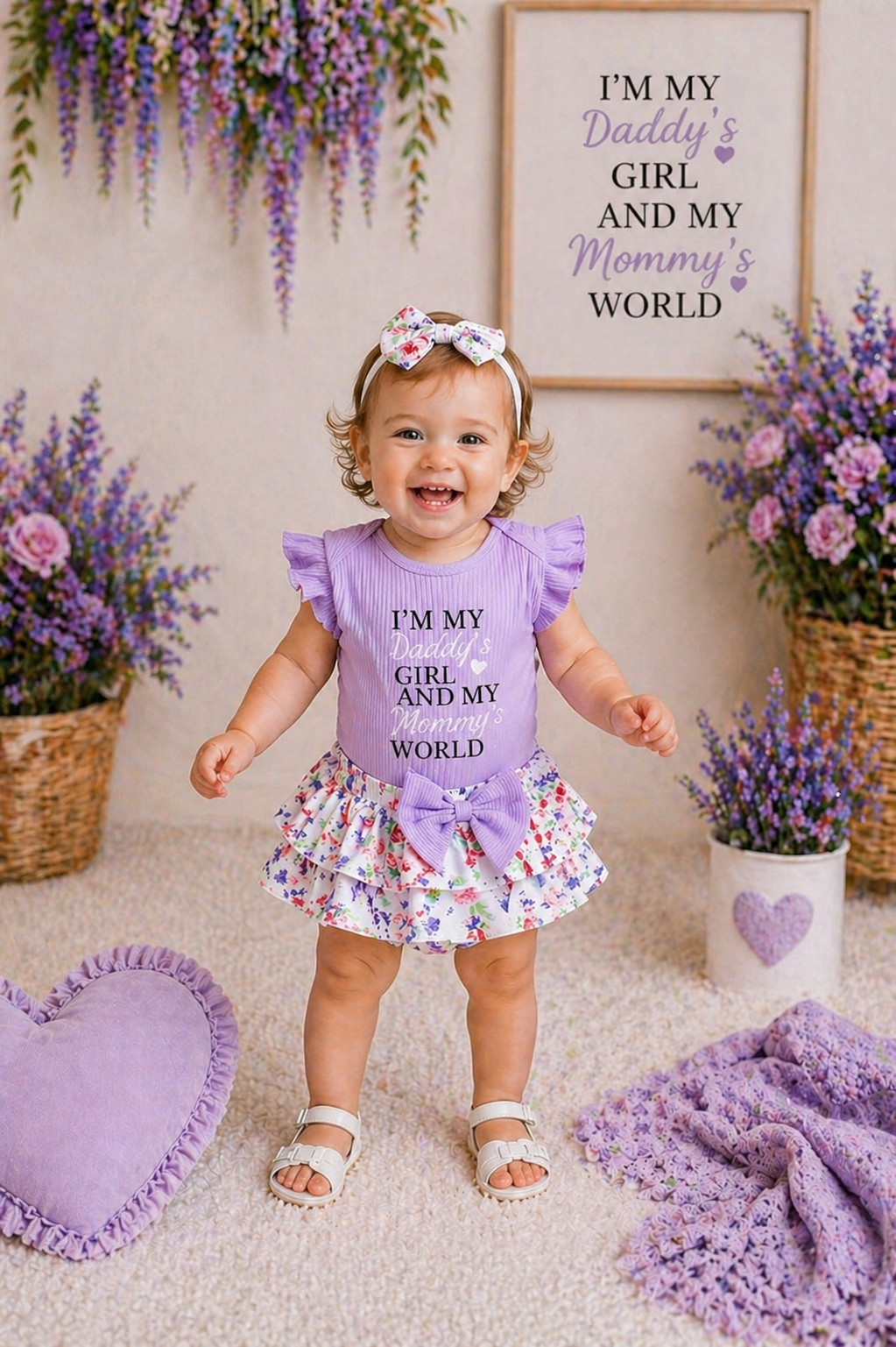 Daddy's Girl Mommy's World Purple Ruffle Romper with Floral Bloomer and Headband #1000860