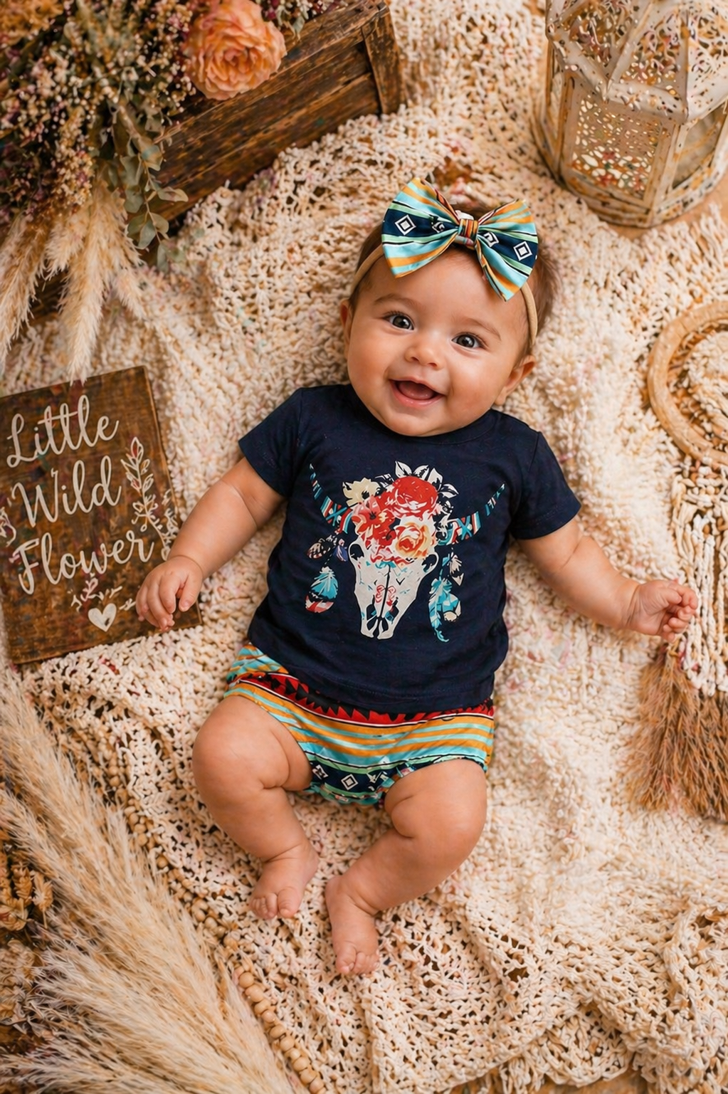 #1001180 Bucramium, Navy Boho Cow Skull T-shirt Bloomer and Headband