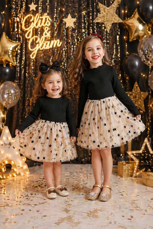 Long Sleeve Black and Gold Star Dress with Headband #1001112