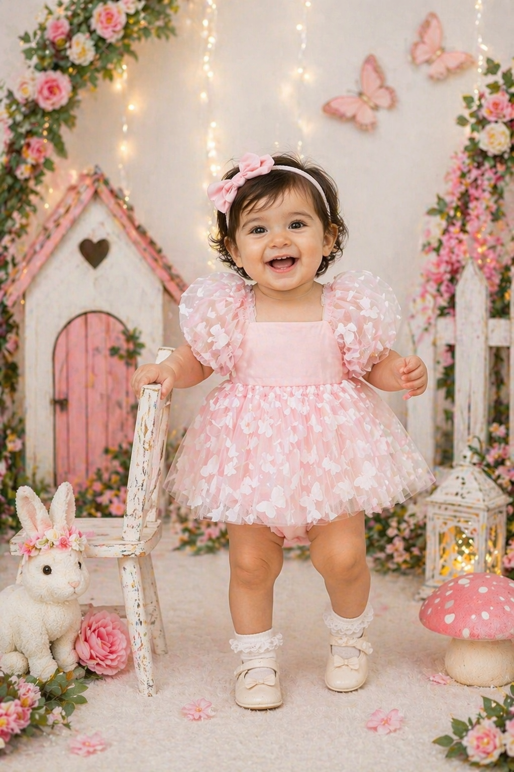 Pink Butterfly Puffy Sleeve Romper Dress #1001160