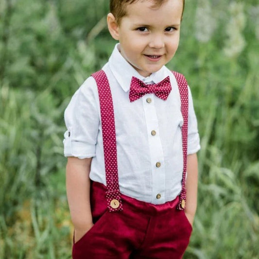 Burgundy Gentleman Suit White long Sleeve Shirt with Burgundy Suspended Shorts and Bowtie