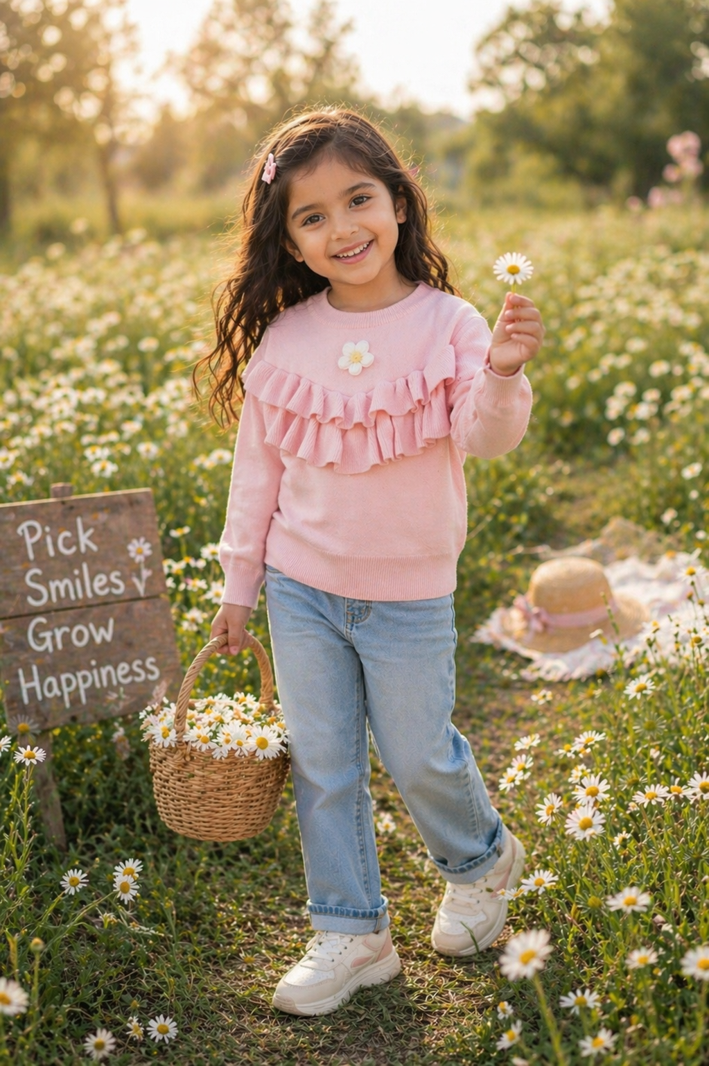 Pink Ruffle Trim Sweater with Floral Detail #1000230