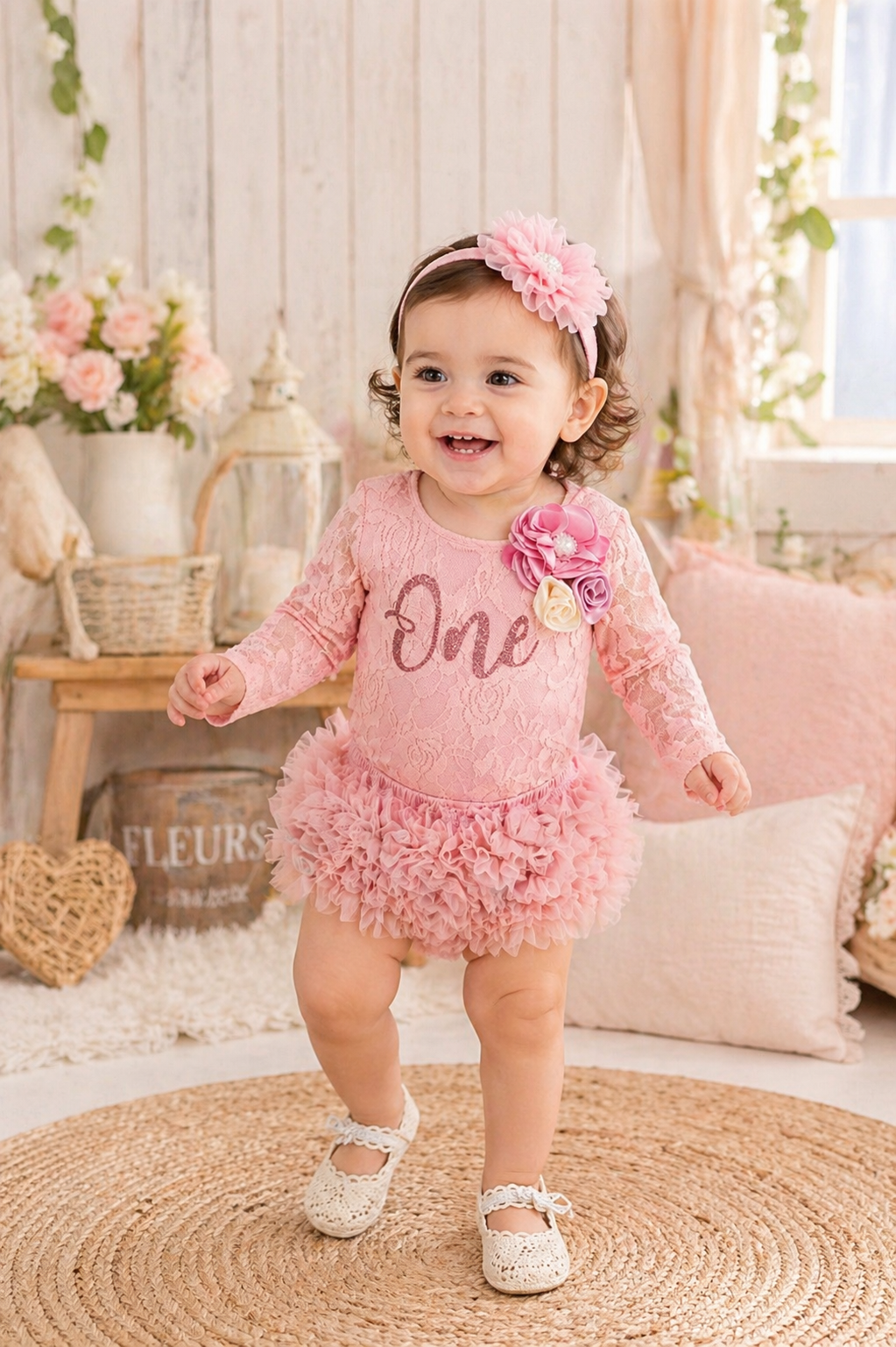 Pink Lace First Birthday Romper with Lace Bloomer #1000520