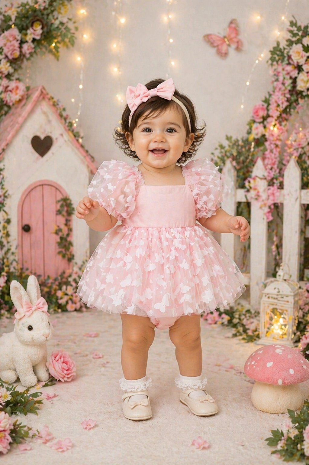 Pink Butterfly Puffy Sleeve Romper Dress #1001160