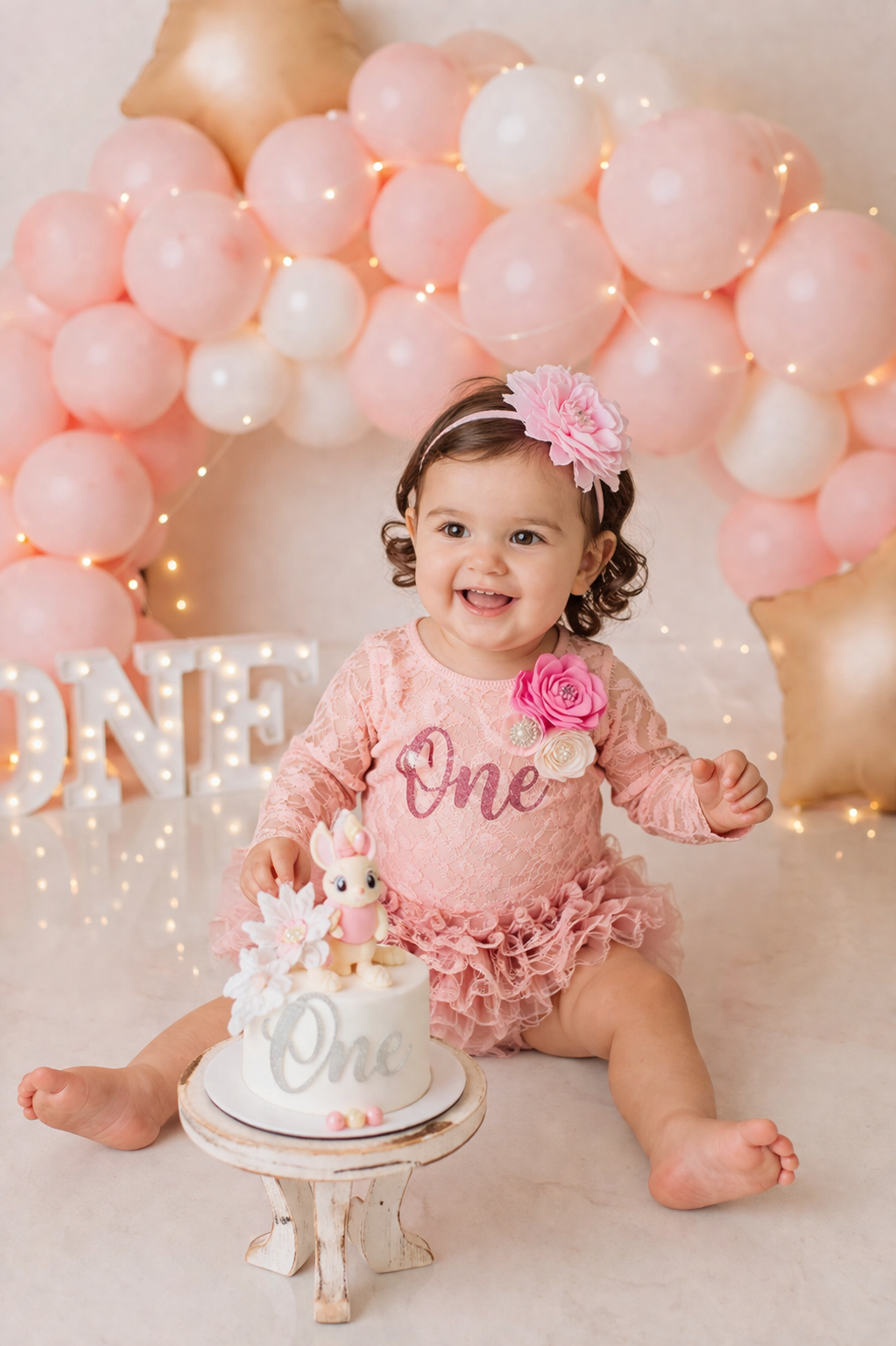 Pink Lace First Birthday Romper with Lace Bloomer #1000520