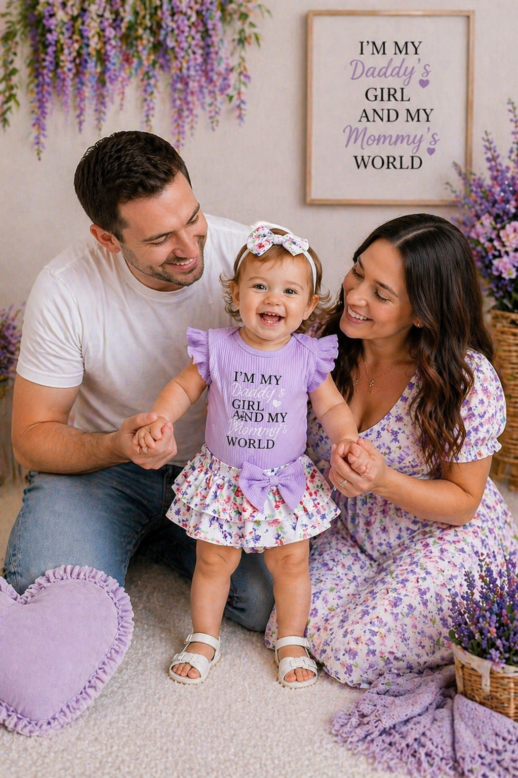 Daddy's Girl Mommy's World Purple Ruffle Romper with Floral Bloomer and Headband #1000860