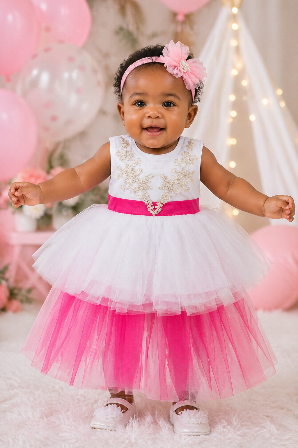 White Dress with Cerise Pink Tulle Train #9000119