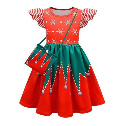 Girls Elf Red & Green Dress with bag