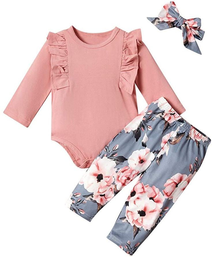 Pink Ruffle Romper with Floral Leggings and Headband